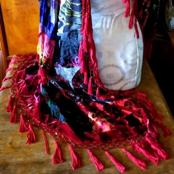 Midi PATCHWORK kimono VELVET SILK BLEND bead fringe COAT s/m - Picture 11 of 12